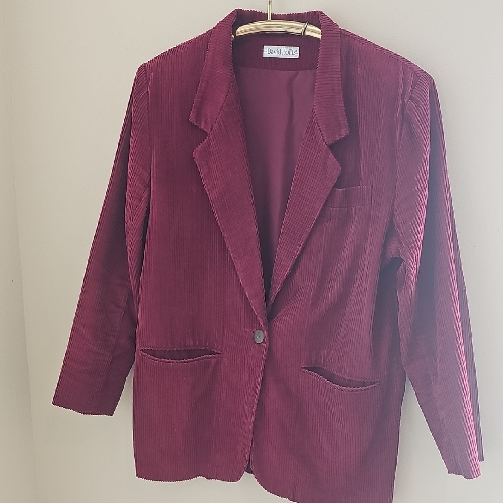 DAVID HOLLIS Rich Burgundy Corduroy Blazer. Vintage Size Large‎ Pockets